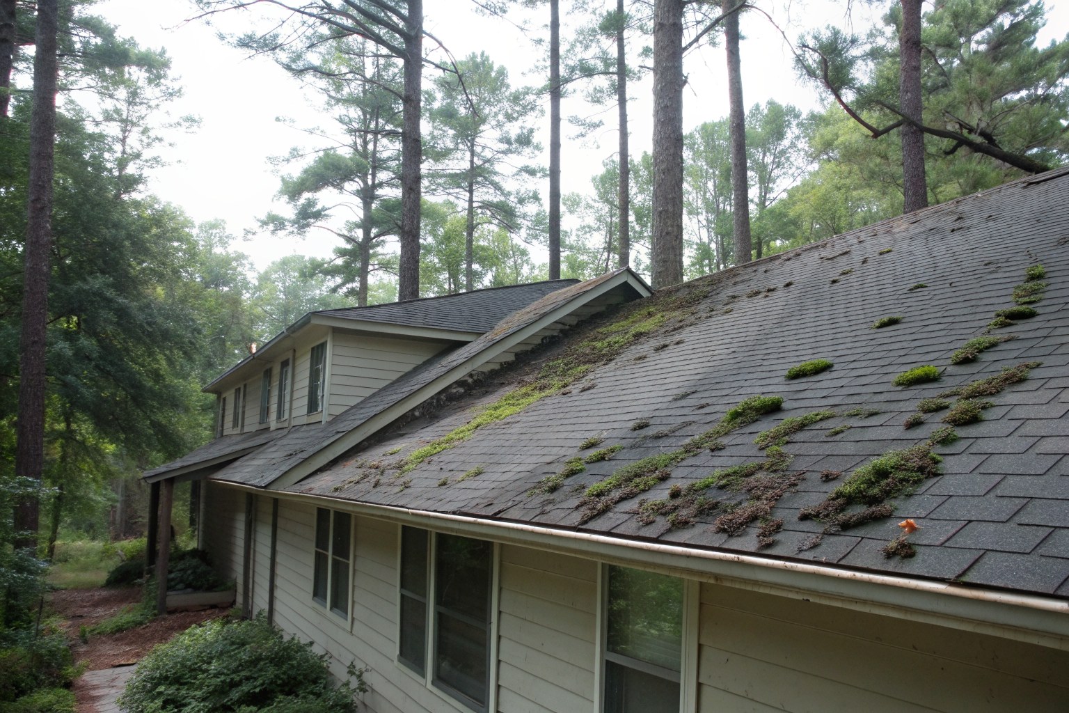 An older shingle roof with dark algae streaks and moss near the eaves under tall pines