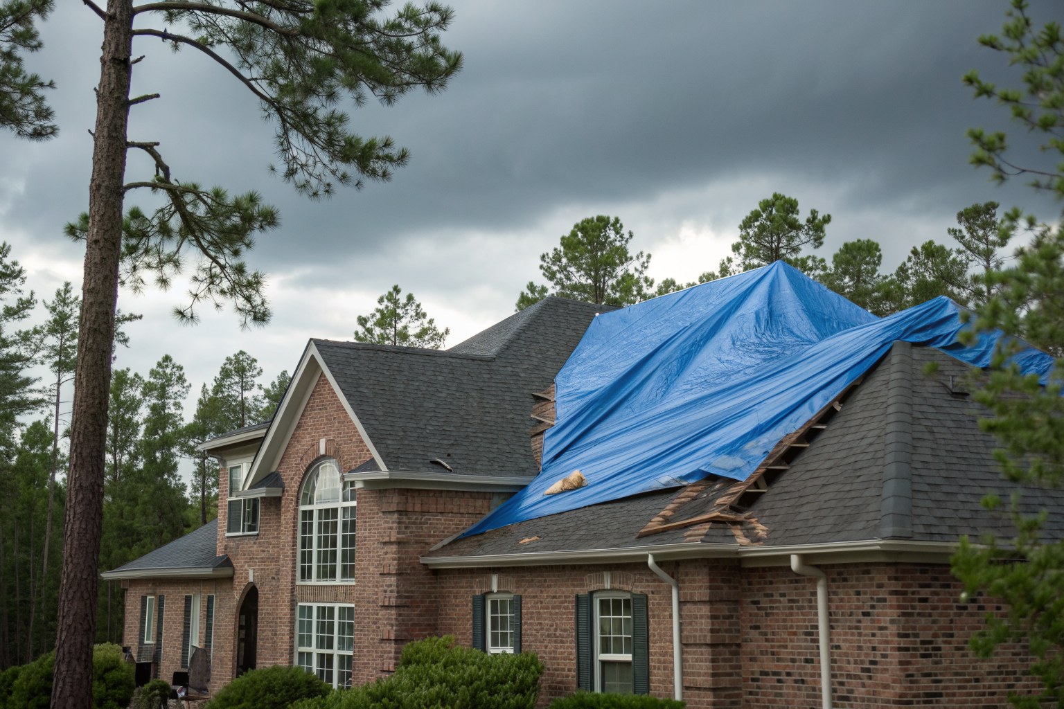 A brick two-story home with a blue tarp over part of its shingle roof after a storm