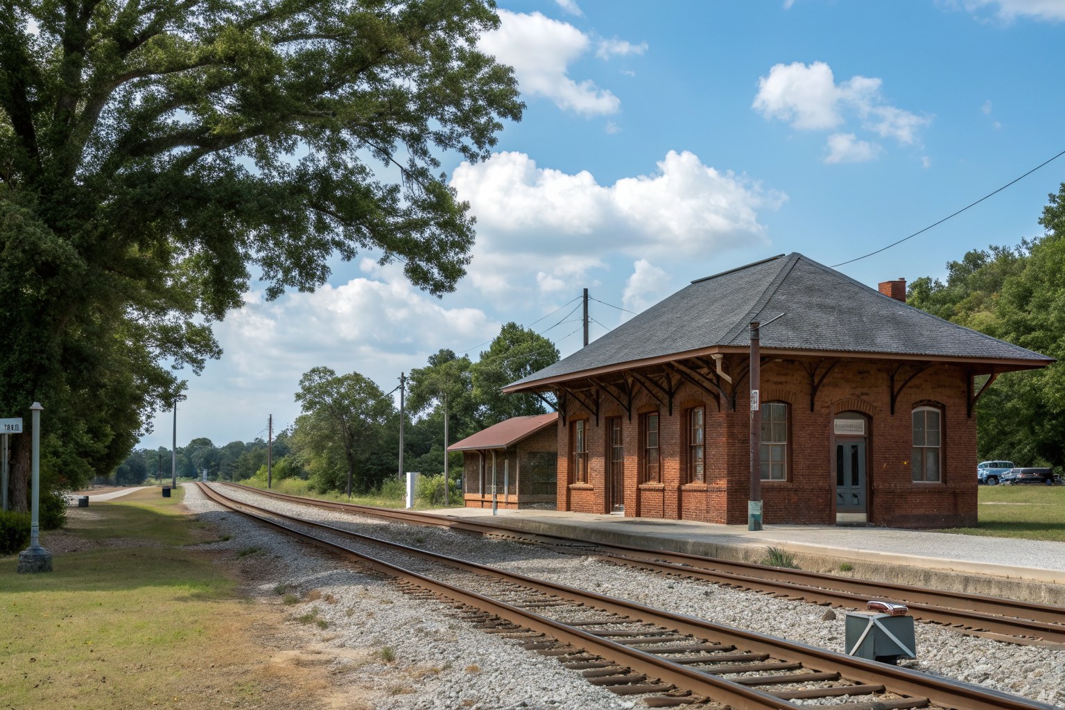 An early 1900s red brick railroad depot beside the tracks under oak trees