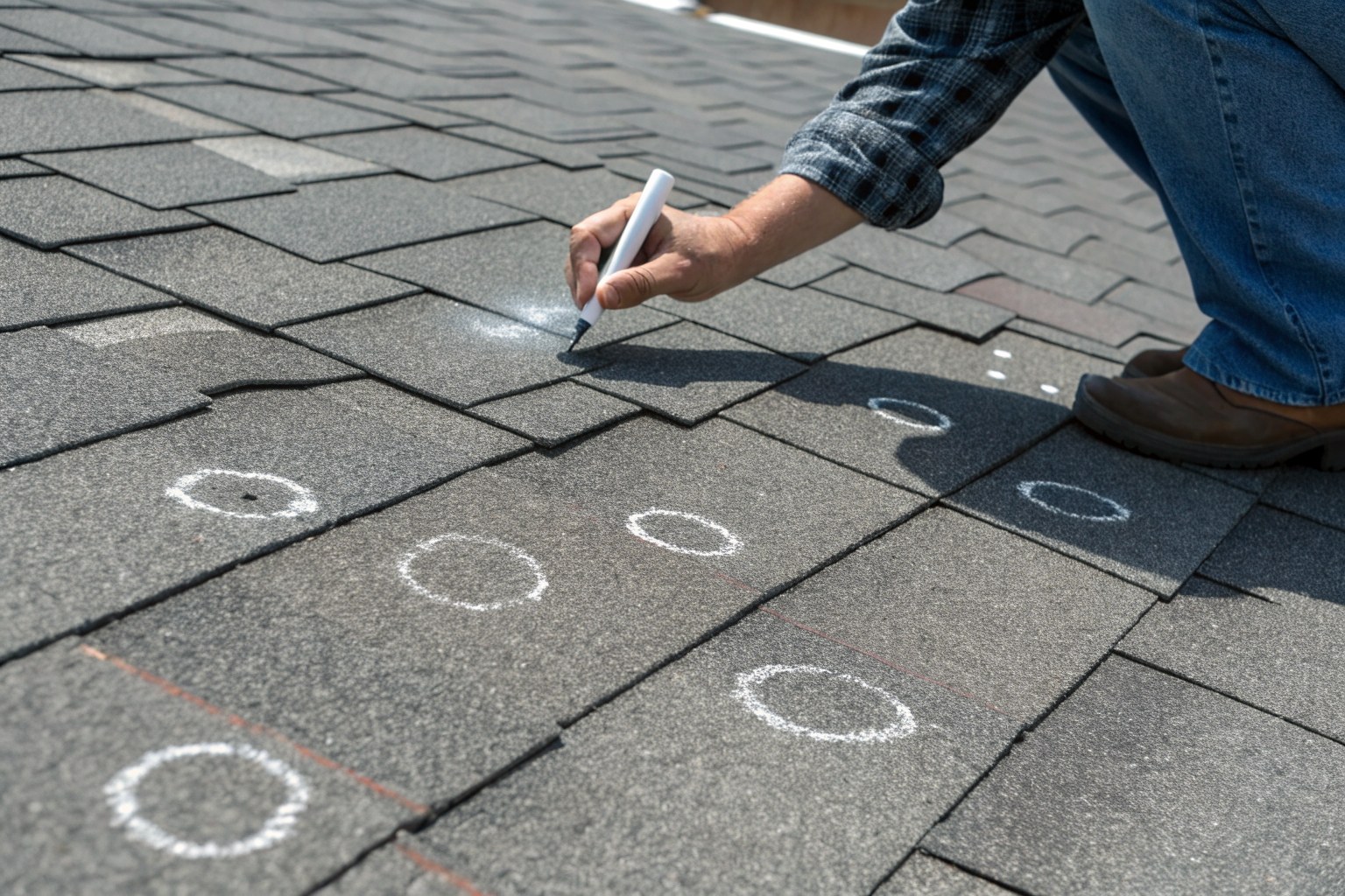 A roofer circling hail hits with chalk on gray architectural shingles