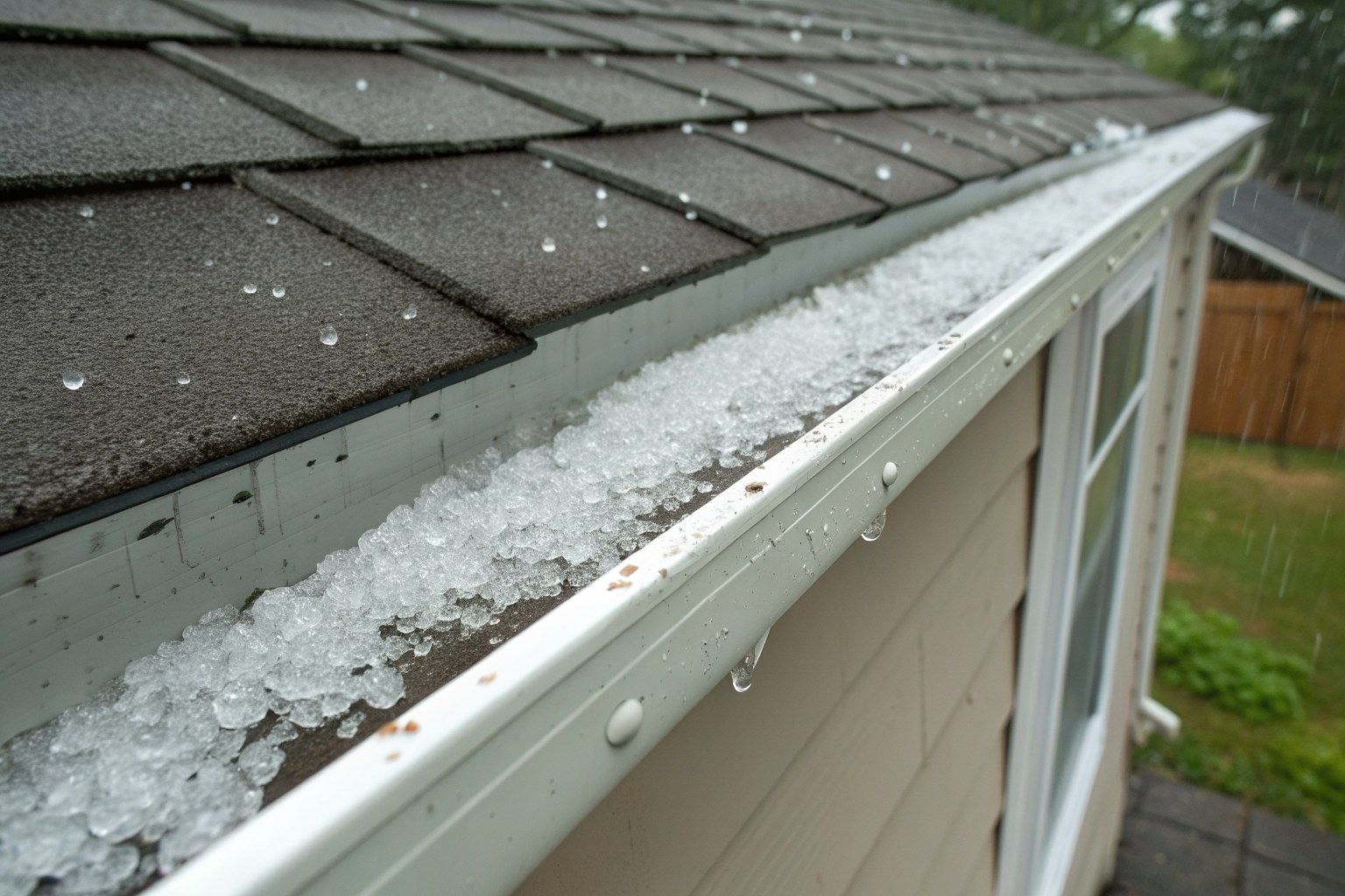 Hailstones piled in a white gutter at the edge of a shingle roof