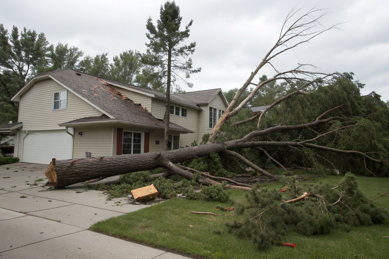 A large pine tree blown down beside a two-story home after a windstorm