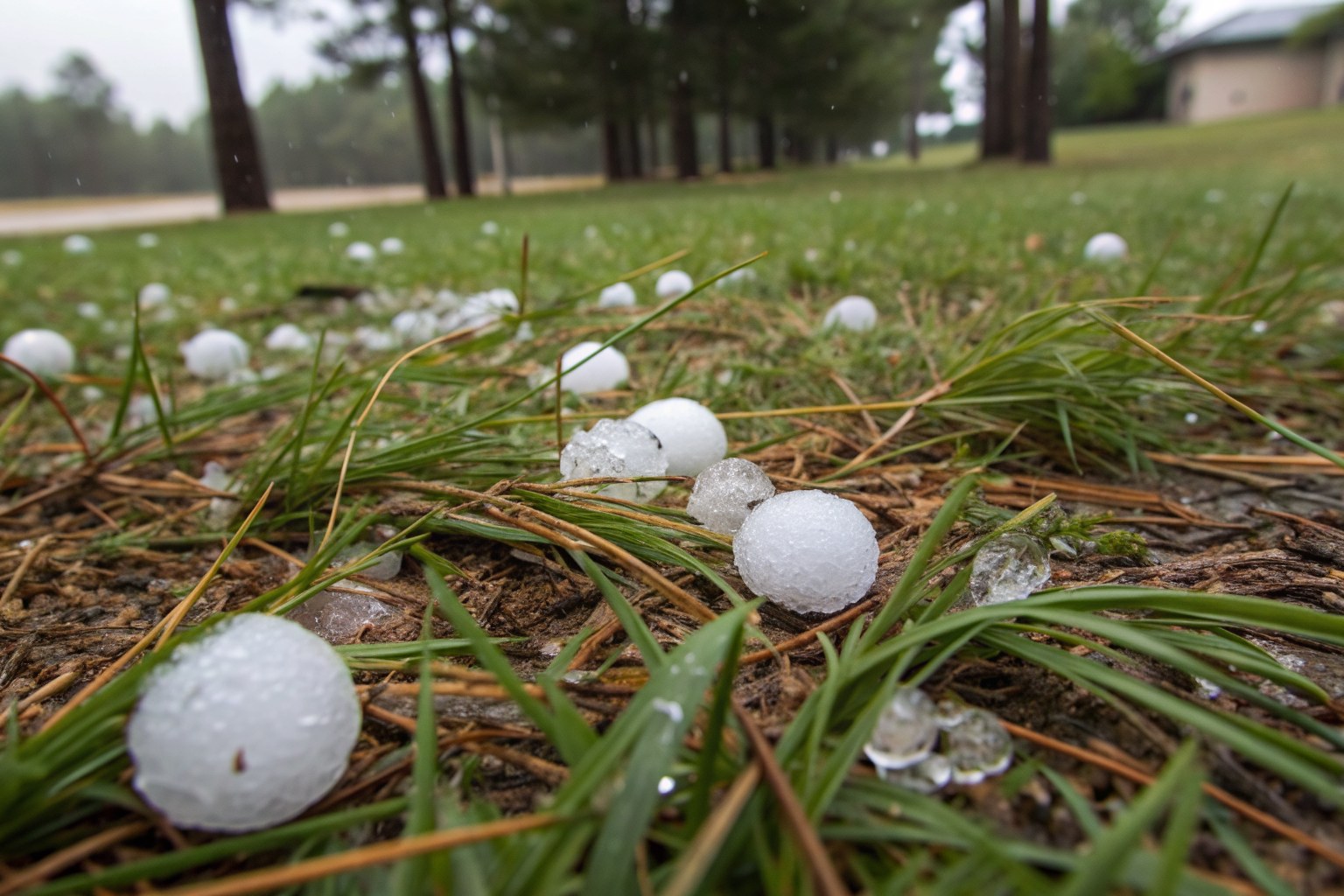 Golf-ball-size hailstones scattered on grass and pine straw after a storm