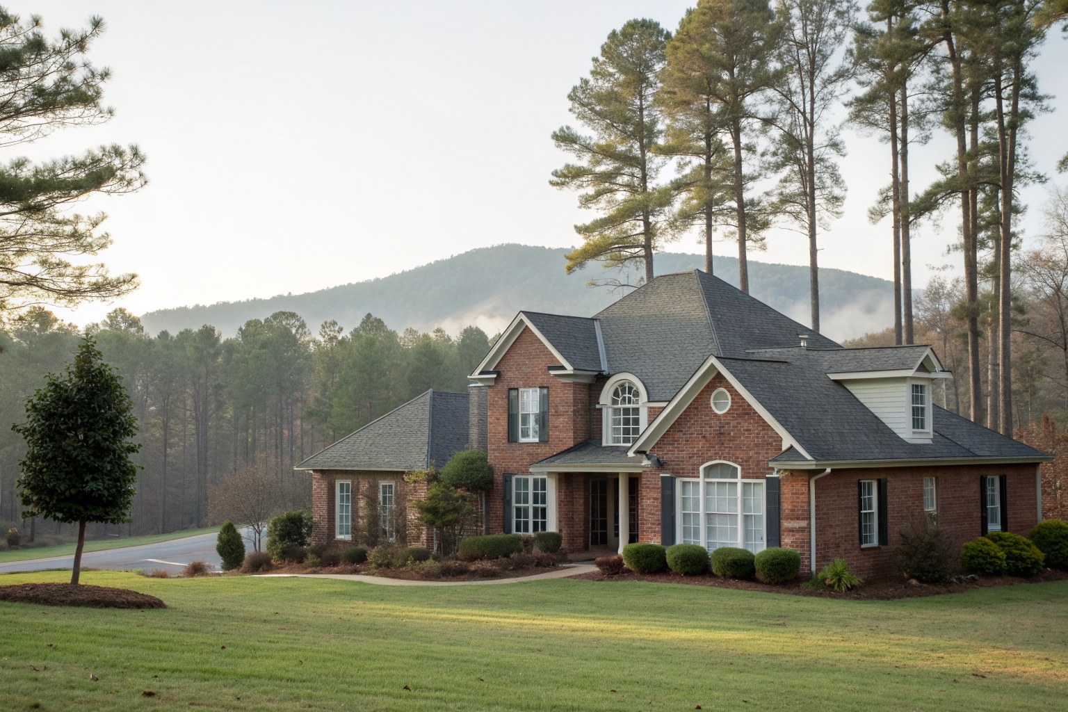 A two-story brick-front home with a gray shingle roof among tall pines, a wooded ridge in the distance