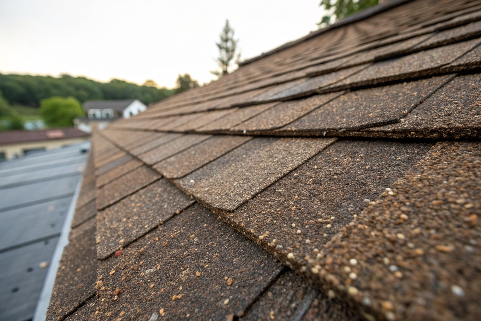 Close view of thick laminated asphalt shingles showing their layers and granules