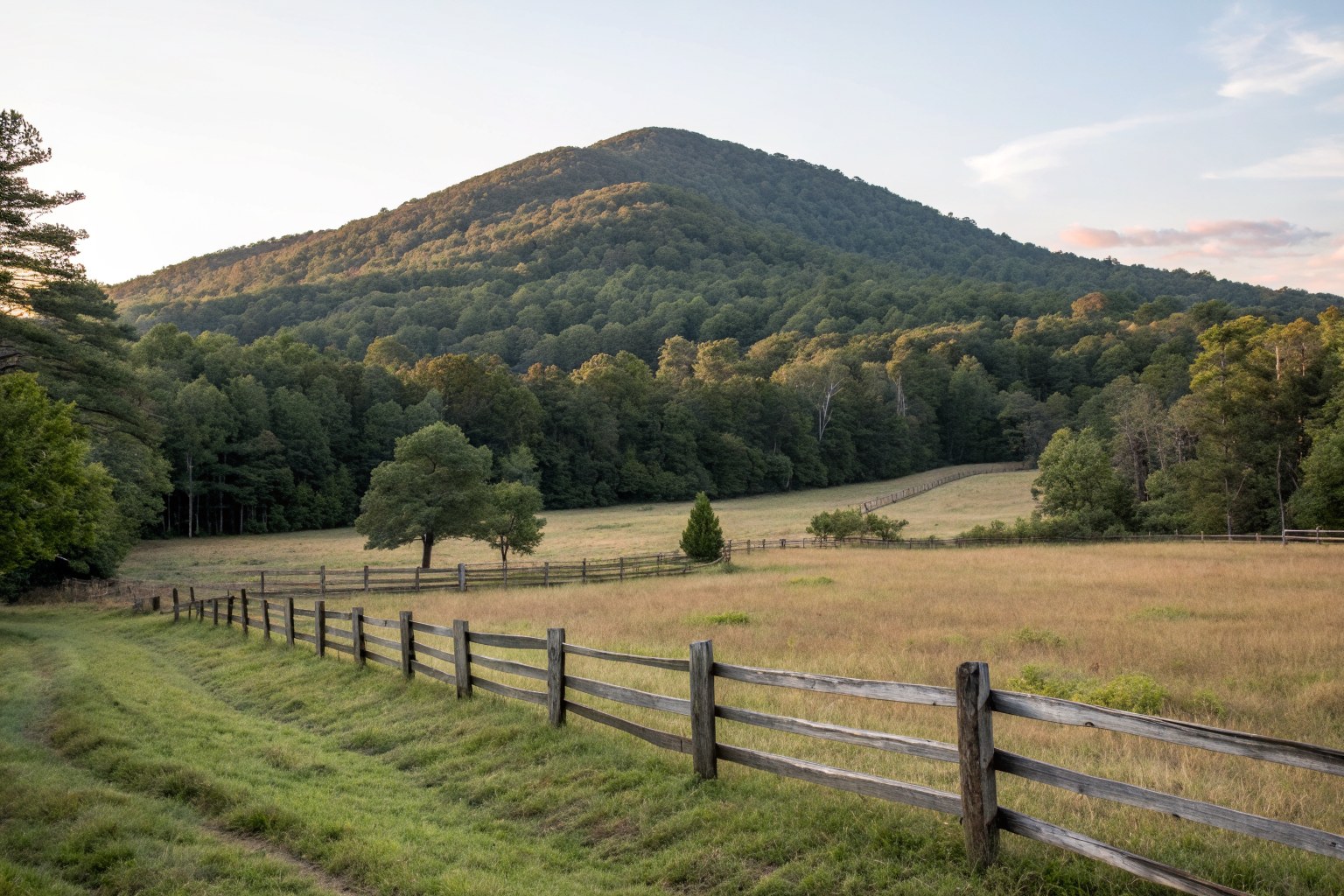 A forested low mountain seen across a grassy field with a split-rail fence