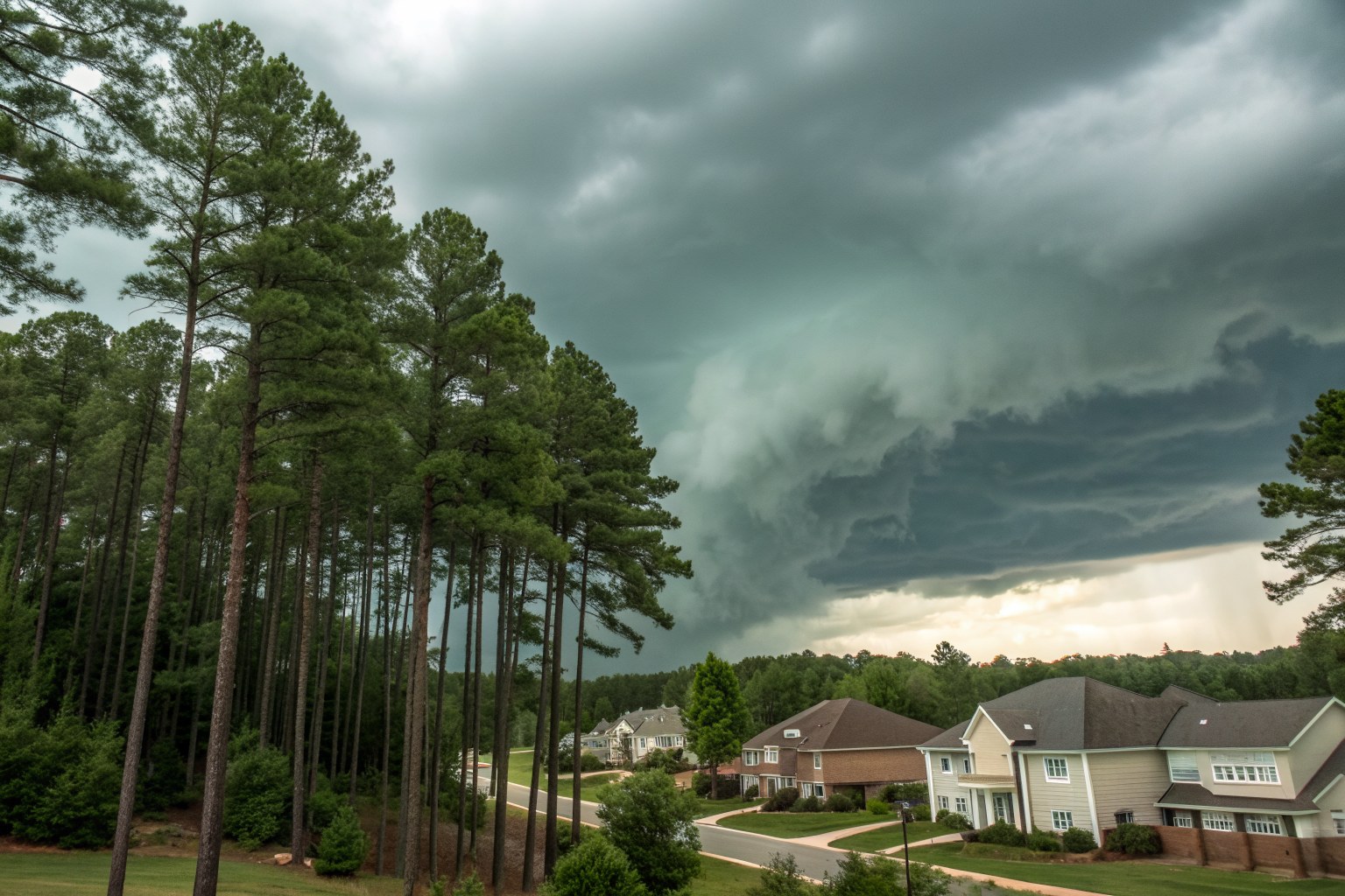 Dark storm clouds building over tall pines and suburban rooftops