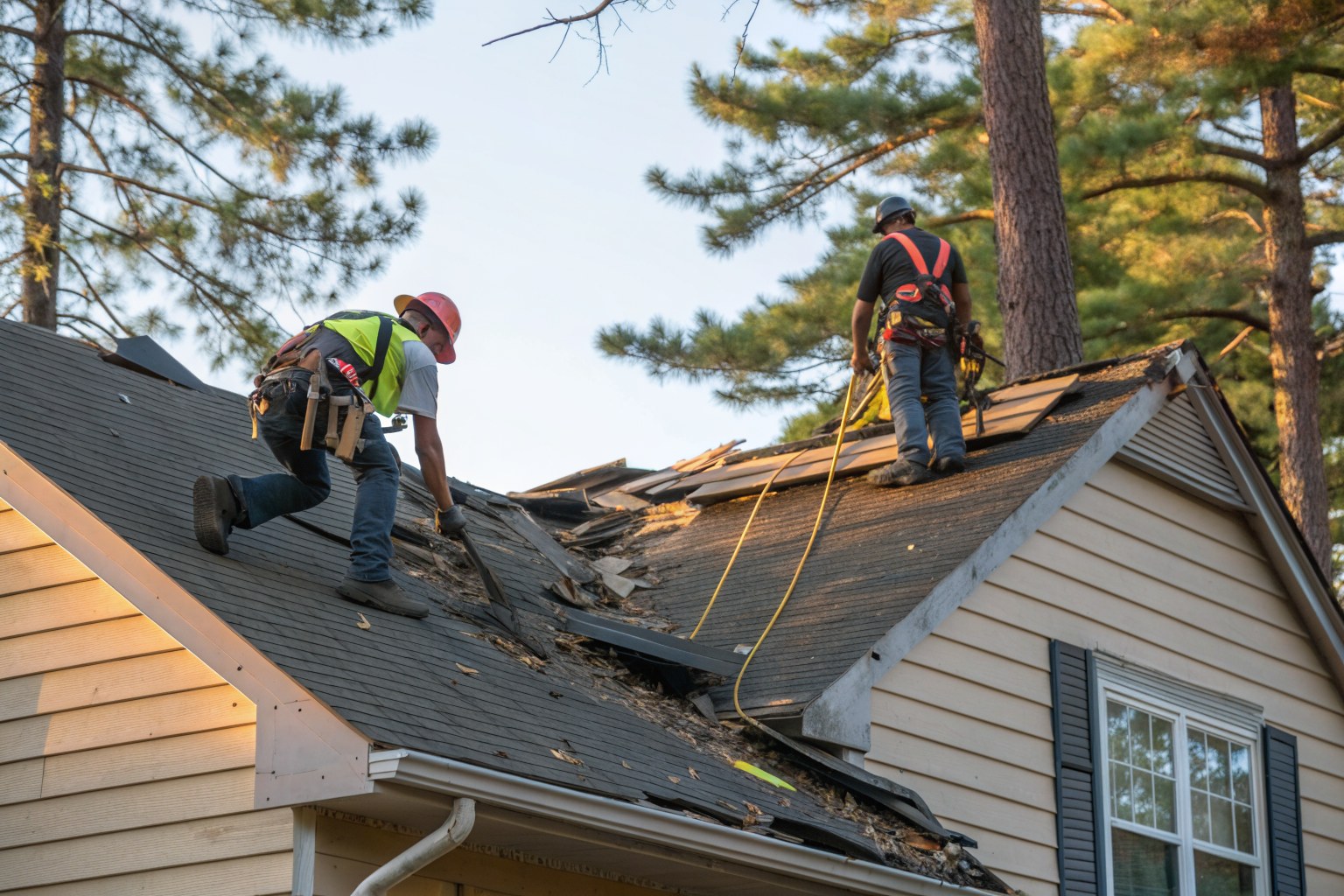 Roofers in harnesses stripping old shingles down to the wood decking